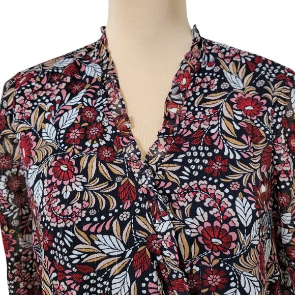 Liz Claiborne Size PS Navy Floral Blouse, Tie Waist, Faux Wrap, V Neck, NEW - Picture 2 of 13